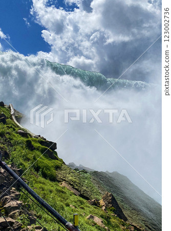 Majestic Waterfall Cascading Down Rocky Terrain Under a Bright Blue Sky 123002736