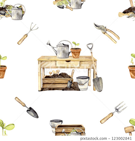 gardening seamless pattern with watercolor illustrations of tools 123002841