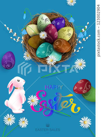 Blue illustration with Easter eggs in a straw nest, a beautiful bunny and flowers Blue illustration with Easter eggs in a straw nest, a beautiful bunny and flowers 123002904