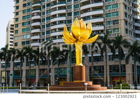 Building view of the large sculpture Lotus Flower In Full Bloom at Lotus Square in Se, downtown Macau, China. Building view of the large sculpture Lotus Flower In Full Bloom at Lotus Square in Se, downtown Macau, China. 123002921