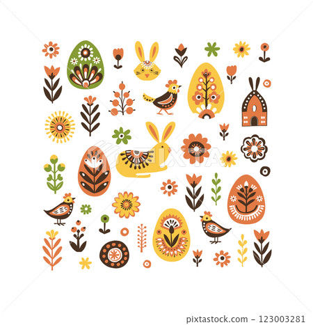 Scandinavian Easter Pattern with Bunnies, Eggs, Flowers, and Birds Scandinavian Easter Pattern with Bunnies, Eggs, Flowers, and Birds 123003281