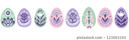 Seamless Scandinavian Easter Pattern with Decorated Eggs and Flowers Seamless Scandinavian Easter Pattern with Decorated Eggs and Flowers 123003283