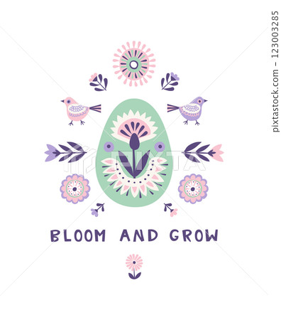 Scandinavian Easter Illustration with Decorative Flowers and Bunny Scandinavian Easter Illustration with Decorative Flowers and Bunny 123003285