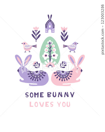 Scandinavian Easter Illustration with Decorative Flowers and Bunny Scandinavian Easter Illustration with Decorative Flowers and Bunny 123003286