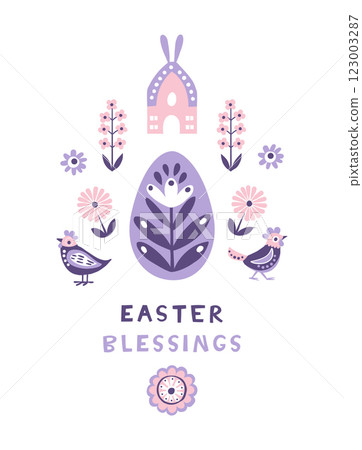 Scandinavian Easter Illustration with Decorative Flowers and Bunny Scandinavian Easter Illustration with Decorative Flowers and Bunny 123003287