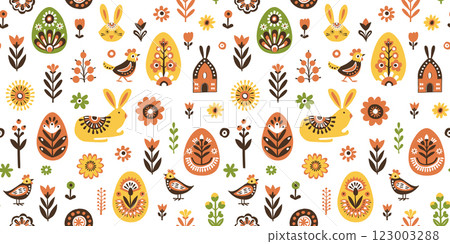 Scandinavian Easter Pattern with Bunnies, Eggs, Flowers, and Birds Scandinavian Easter Pattern with Bunnies, Eggs, Flowers, and Birds 123003288