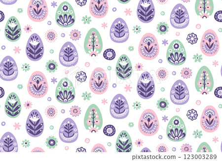 Seamless Scandinavian Easter Pattern with Decorated Eggs and Flowers Seamless Scandinavian Easter Pattern with Decorated Eggs and Flowers 123003289