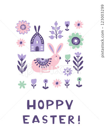Scandinavian Easter Illustration with Decorative Flowers and Bunny 123003299