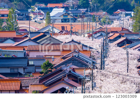 Aerial view of Shinjo-shuku in spring 13 Shinjo Village, Maniwa District, Okayama Prefecture 123003309