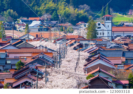 Aerial view of Shinjo-juku in spring 6 Shinjo Village, Maniwa District, Okayama Prefecture Aerial view of Shinjo-juku in spring 6 Shinjo Village, Maniwa District, Okayama Prefecture 123003318