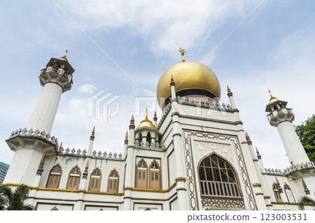 Building view of the Sultan Mosque within the Kampong Glam precinct of the Rochor district in Singapore. Built in 1824 by Sultan Hussein Shah, the first Sultan of Singapore. 123003531