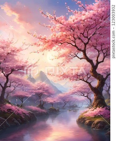 A majestic sakura tree stands by a tranquil lake, vibrant pink blossoms reflecting in the water, surrounded by distant mountains at twilight. Sakura is blooming. Pink cherry bloom. Generative AI. 123003932