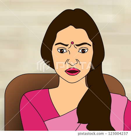 A woman with long hair and a bindi appears to be frowning, sitting on a chair.  123004237