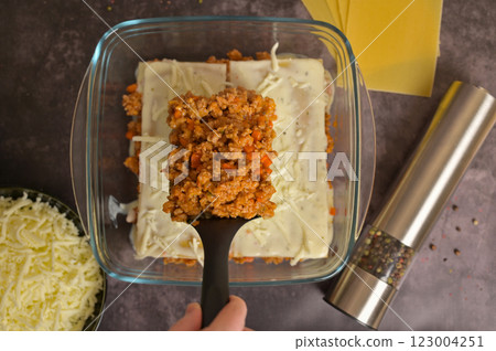 Top view. Homemade lasagna cooking preparation. Woman's hand use a spatula to spread the Bolognese sauce into a glass form. Pasta sheets. Grated cheese in a black bowl, pepper mill 123004251