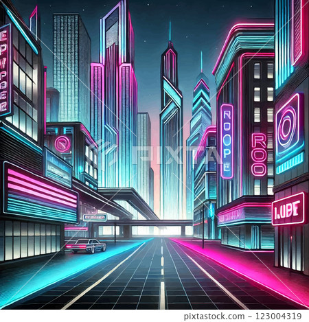 Vector illustration of a futuristic retro neon cityscape with glowing skyscrapers, urban streets and vibrant lights, perfect for backgrounds, creative designs or sci-fi themed projects 123004319