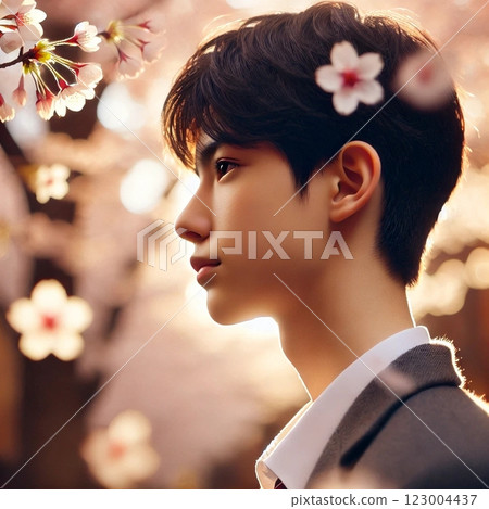 A high school boy with cherry blossoms in the background 123004437