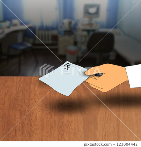 A hand extends over a wooden surface, holding a prescription note marked with an "Rx" symbol. A hand extends over a wooden surface, holding a prescription note marked with an "Rx" symbol. 123004442