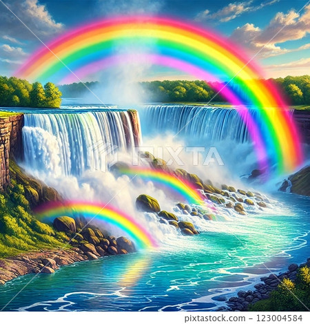 Spectacular view of a rainbow and waterfall 123004584