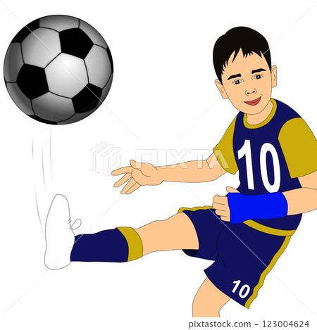 A young soccer player in a blue and yellow uniform is actively kicking a soccer ball. A young soccer player in a blue and yellow uniform is actively kicking a soccer ball. 123004624