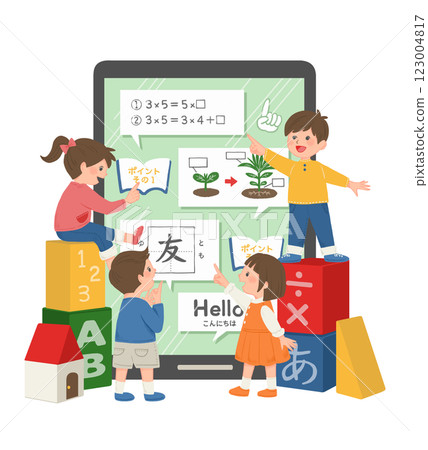 Illustration of kids studying on a tablet 123004817