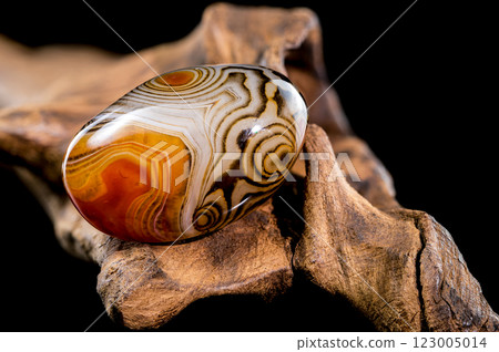 Colorful Agate Stone on Rough Wooden Surface Colorful Agate Stone on Rough Wooden Surface 123005014