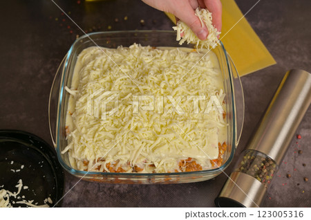 Homemade lasagna cooking preparation. Woman's hands putting grated cheese. Bolognese sauce in a glass form. Lasagna pasta sheets, pepper mill. Black background 123005316