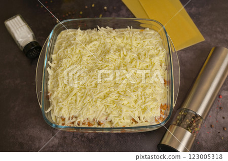 Homemade lasagna cooking preparation. Grated cheese, Bolognese sauce in a glass form. Lasagna pasta sheets, pepper mill, salt cellar. Black background 123005318