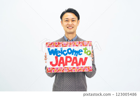 Middle-aged man holding a welcome banner Middle-aged man holding a welcome banner 123005486