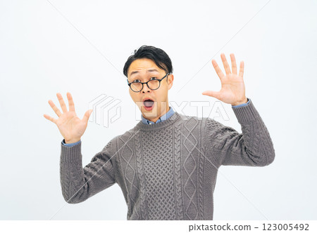 穿著休閒服的中年男子感到驚訝 穿著休閒服的中年男子感到驚訝 123005492