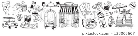Hotel doodle icon set, vector hand drawn summer vacation villa luxury resort line illustration kit. Hotel doodle icon set, vector hand drawn summer vacation villa luxury resort line illustration kit. 123005607
