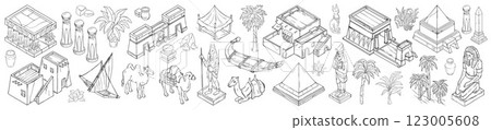 Egypt isometric map object set, vector hand drawn ancient architecture line landscape illustration. Egypt isometric map object set, vector hand drawn ancient architecture line landscape illustration. 123005608