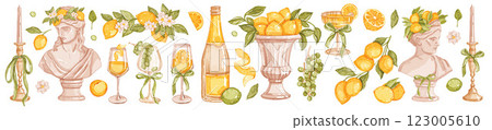 Italian lemon wedding decoration set, vector hand drawn watercolor mediterranean citrus floral print 123005610