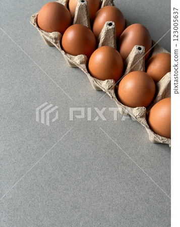 Brown chicken eggs in a paper tray top view 123005637