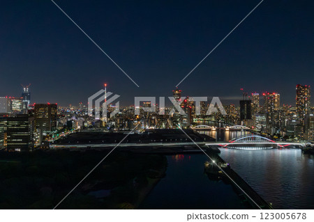 View of the night view of Tsukiji Market from Waters Takeshiba, which houses the Marriott luxury hotel Mesm Tokyo 123005678