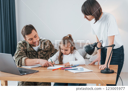Sitting by the table. Soldier in uniform is at home with his wife and daughter 123005977
