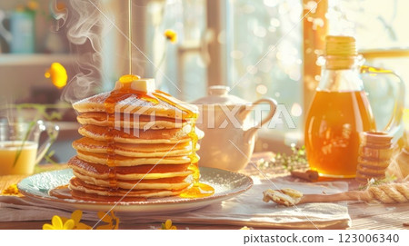 Morning indulgence with stacks of fluffy pancakes drenched in warm syrup next to a cozy sunlit kitchen 123006340