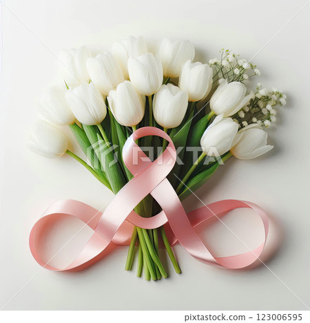 A bouquet of white tulips lies next to the number eight of pink color from a satin ribbon on a pink background, A bouquet of white tulips lies next to the number eight of pink color from a satin ribbon on a pink background, 123006595