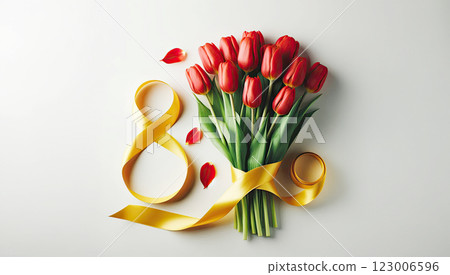 A bouquet of white tulips lies next to the number eight of pink color from a satin ribbon on a pink background, 123006596