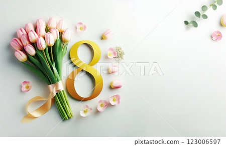 A bouquet of pink tulips lies next to the number eight of yellow color from a satin ribbon on a pink background, A bouquet of pink tulips lies next to the number eight of yellow color from a satin ribbon on a pink background, 123006597