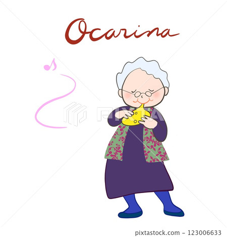 Illustration of a senior playing the ocarina Illustration of a senior playing the ocarina 123006633