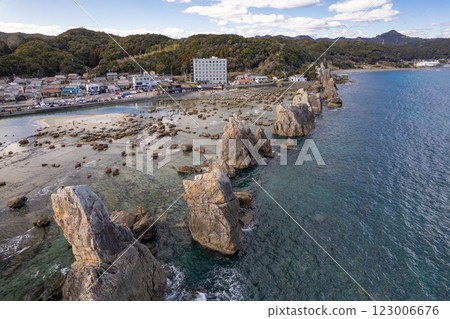Kumano's strange rock formations, Hashiguiiwa (aerial photography by drone) Kumano's strange rock formations, Hashiguiiwa (aerial photography by drone) 123006676