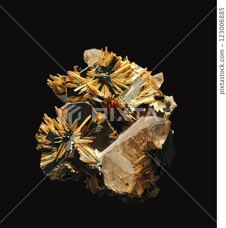 Detailed Close-Up View of Beautiful Rutile and Hematite on Quartz Mineral Specimen on Dark Background 123006885