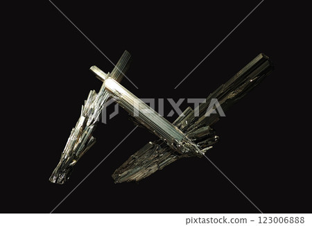 Detailed Close-Up View of Beautiful Stibnite Crystal Specimen with Unusual Needle-Like Form on Dark Background 123006888