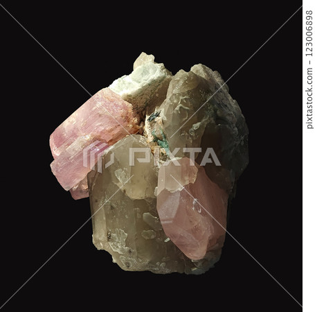 Detailed Close-Up View of Beautiful Pink and Green Tourmaline Crystal Specimen on Dark Background Detailed Close-Up View of Beautiful Pink and Green Tourmaline Crystal Specimen on Dark Background 123006898