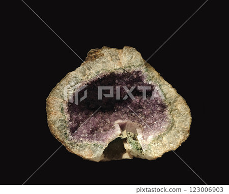 Close-Up View of Amethyst Quartz in Geode on Dark Background Close-Up View of Amethyst Quartz in Geode on Dark Background 123006903