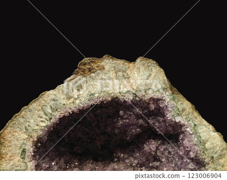 Close-Up View of Amethyst Quartz in Geode on Dark Background Close-Up View of Amethyst Quartz in Geode on Dark Background 123006904