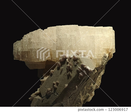 Close-Up View of Beryllonite Mineral Specimen on Dark Background 123006917