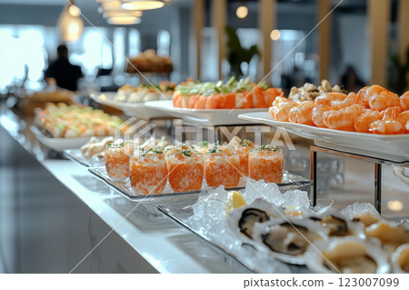 Luxury seafood buffet with oysters, shrimp, and prawns Luxury seafood buffet with oysters, shrimp, and prawns 123007099
