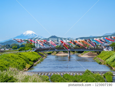 Mount Fuji can be seen beyond the carp streamers crossing the river at the Okazaki Carp Streamer Festival in Hiratsuka City Mount Fuji can be seen beyond the carp streamers crossing the river at the Okazaki Carp Streamer Festival in Hiratsuka City 123007190