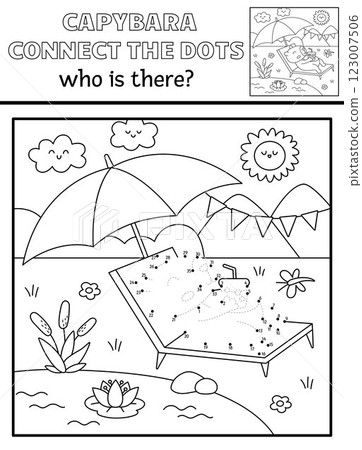 Vector capybara dot-to-dot and color activity with cute animal sunbathing, drinking lemonade, nature scene. Capibara black and white connect the dots game, coloring page for children Vector capybara dot-to-dot and color activity with cute animal sunbathing, drinking lemonade, nature scene. Capibara black and white connect the dots game, coloring page for children 123007506